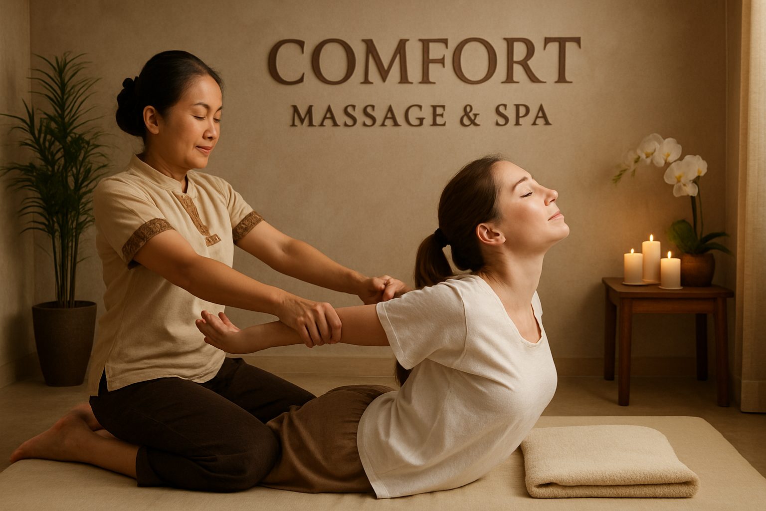 Unwind After Oktoberfest: Pamper Yourself with a Soothing Service Massage in Metro Manila 2 Massage therapist performing Thai massage stretching technique.